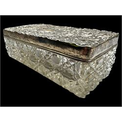 Group of silver, including glass jar with silver lid, pierced pin tray, vase sleeve and two silver lids, all hallmarked 