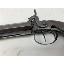 Early 19c percussion double barrel Howdah pistol by J. Blisset London, c1840s, approximately 50 calibre, 10.5cm octagonal monobloc barrels with captive swivel ramrod under, finely chequered walnut stock, engraved hammers, lock plates, tang and trigger guard, butt plate with hinged cap compartment, vacant white metal oval escutcheon L25.5cm overall