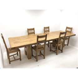 Oak extending dining table, rectangular supports, two additional leaves (H77cm, 100cm x 220cm - 300cm (fully extended)) and set six ladder back dining chairs, rush seats (W45cm)