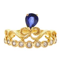 18ct gold pear cut sapphire and nine stone round brilliant cut diamond openwork ring, stamped 750