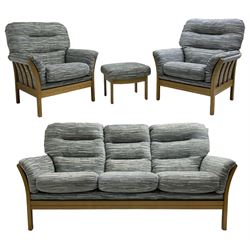 Ash framed four-piece lounge suite, two seat sofa (W183cm, H95cm, D91cm); pair of matching armchairs (W82cm); and matching footstool (55cm x 43cm, H42cm); all with loose cushions upholstered in light blue striped fabric 