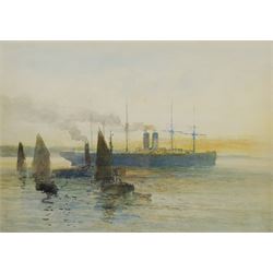 English School (Early 20th century): Transitional Steamship followed by Sailboats, watercolour indistinctly signed 24cm x 34cm