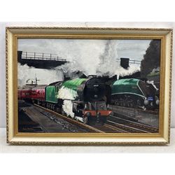 Dave Stanley (British 20th century): 'See You Later', Eastern Region A1 Pacific 60117 'Bois Russell' approaching Copenhagen Tunnel, passing A14 60014 Silver Link, oil on board signed and dated '74, extensively titled verso 50cm x 75cm