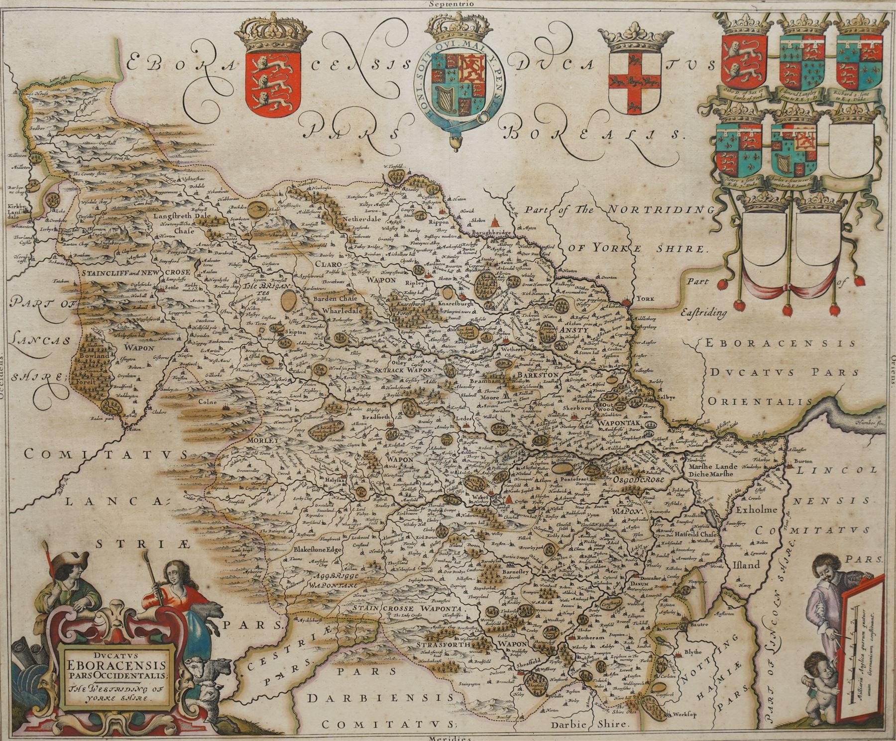 Johannes (Joan) Blaeu (Dutch 1596-1673): 'Ducatus Eboracensis pars Occidentalis - the West Riding of Yorkshire', 17th century engraved map with hand-colouring 42cm x 51cm