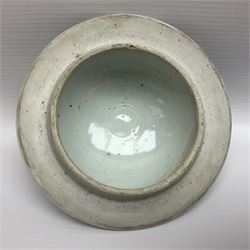 19th century Chinese Wucai vase and cover, decorated  with peacock on blue rockwork and other birds flying amongst tree peonies, H43cm