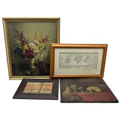 M Stanger Pritchard (British exh.1905-1918): Bruges, watercolour signed and titled, inscribed verso; together with two prints and one oil after Edwin Henry Landseer, max 55cm x 46cm (4)