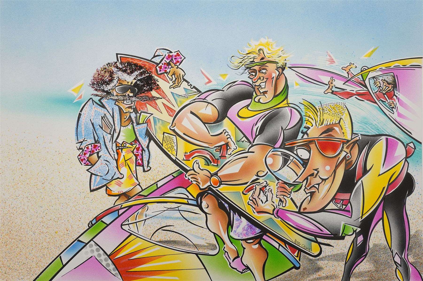 Peter Clark (British 1944-): Surf's Up!, mixed media on card signed 34cm x 51cm (unframed)
Notes: Peter Clark is a British artist best known for his collages, but he began his career as an illustrator working for major UK publications like The Radio Times, BBC and major advertising campaigns.
Provenance: direct from the family of the artist
