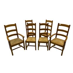 Set of six light oak dining chairs, with rush seats