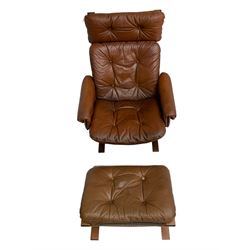 Rykken & Co. - mid-20th century cantilever armchair with footstool, loose cushions upholstered in brown leather 