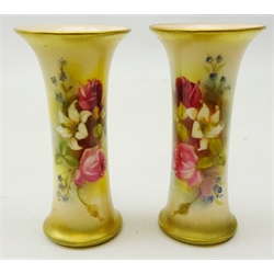  Pair Royal Worcester trumpet shaped spill vases decorated with roses and other flowers c1914, H11.5cm   
