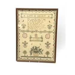  George IV sampler worked with verse 'Life is Short' flowers, floral border and birds by Jane Richardson aged 10, 1817, 30cm x 40.5cm   