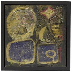 Gillian Ross Kelsey (British 1935-2025): 'Runes', mixed media on board unsigned 35.5cm x 35.5cm