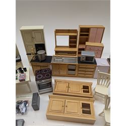 Modern 1:12 scale dolls house furniture, comprising pine kitchen set, with wall cabinets, floor cabinets and sink unit, white wooden bathroom suite, white wooden kitchen and dining room furniture and appliances, wooden bedroom furniture, Raine purple wingback chair, tv, desk, fish tank, etc