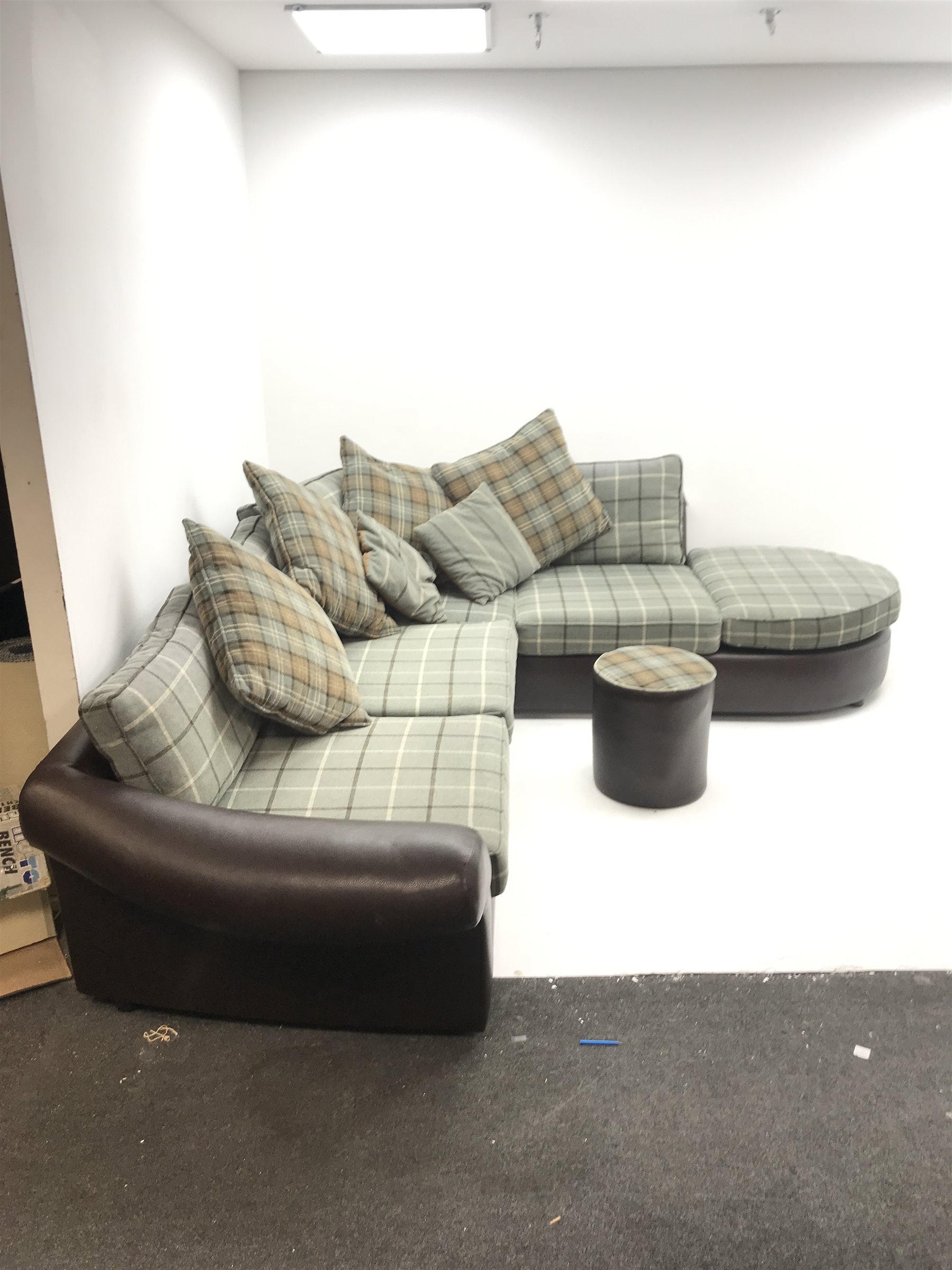 Tetrad corner sofa upholstered in leather and chequered fabric (W272cm & 246cm) with matching foot stool