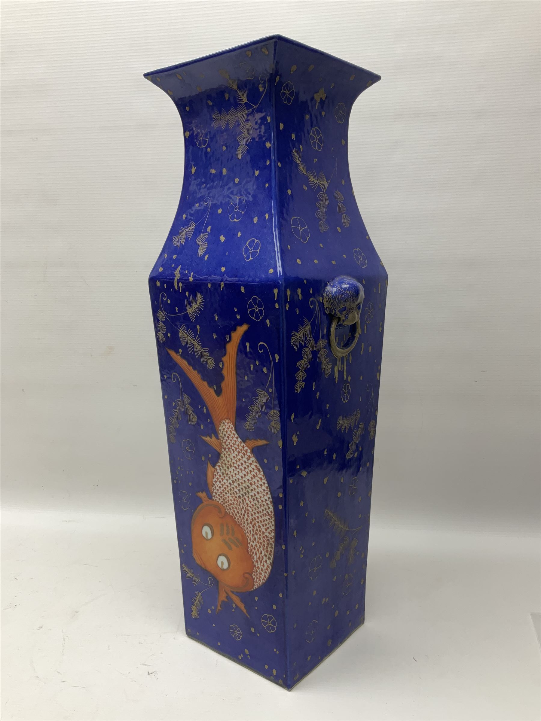 19th/ early 20th century Chinese powder blue vase, square section form with twin mask handles, painted in iron red and gilt with carp amongst aquatic weeds, Daoguang iron red seal mark beneath, H57cm 