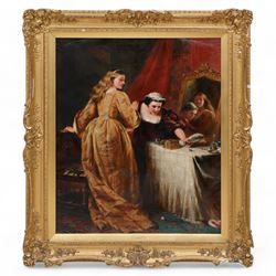 John Calcott Horsley RA (British 1817-1903): 'The Intruder', oil on canvas signed and indistinctly dated 92cm x 74cm in fine swept gilt frame 118cm x 102cm overall
Notes: Horsley captures a light-hearted yet evocative domestic scene, showcasing his keen eye for detail and narrative. The painting depicts two young women in a state of startled dismay as they react to the presence of an unexpected 'intruder' — a cockroach on the dressing table. The exaggerated expressions of alarm, juxtaposed with the inconspicuousness of the insect, humorously amplify the sense of dread;  demonstrating Horsley’s skill in blending genre painting with social commentary. The work’s charm lies in its gentle satire of the Victorian's heightened sensitivities to cleanliness, propriety, and the domestic sphere.
