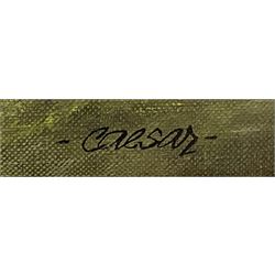 John Caesar Smith (British 1930-): Wooded Landscape with Geese in Flight, oil on canvas signed 29cm x 39cm