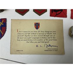Small quantity of militaria and other items, including Montgomery printed signature, badges, paper ephemera, coins, silver Albertina chain, hat pins, etc