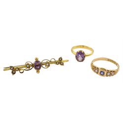 Early 20th century 18ct gold single stone amethyst ring, 15ct gold sapphire and seed pearl ring, Chester 1899 and a 9ct gold amethyst and seed pearl brooch