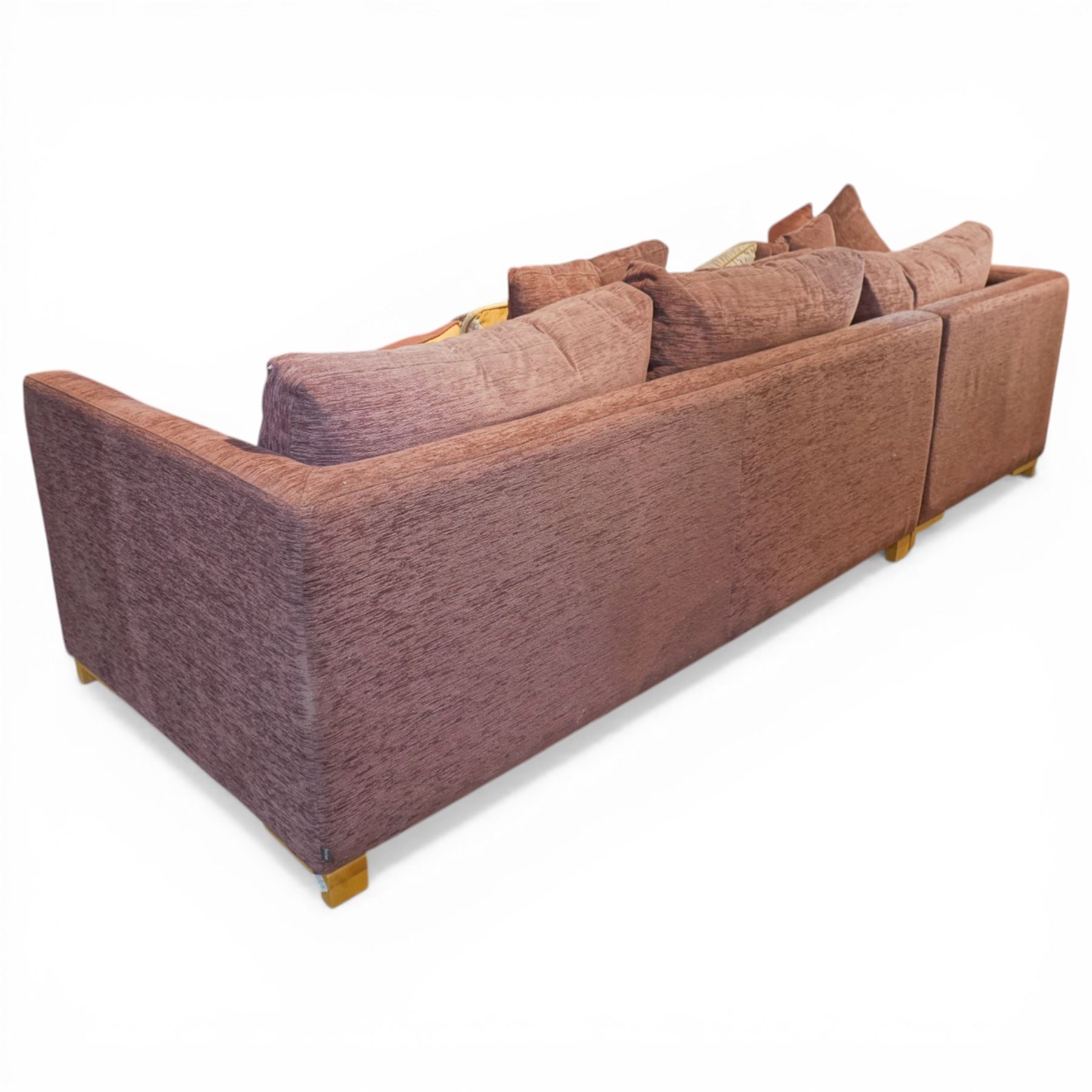 Orior - corner sofa upholstered in plum fabric, loose cushions and various scatter cushions, light wood stained feet