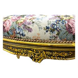 Pair of Louis XV-design giltwood stools, each upholstered in floral tapestry fabric, the carved frame adorned with scrolling foliage and shell motifs, raised on cabriole supports