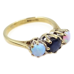  Gold three stone sapphire and opal ring, hallmarked 9ct  