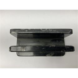 Three piece desk set, comprising letter rack, dish and box with raised Orthoceras to the lid, all with Orthoceras and Goniatite inclusions, age: Devonian period, location: Morocco