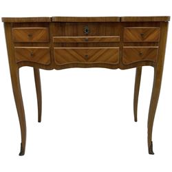 French inlaid walnut dressing table, fold-out top with rectangular mirror plate. decorated with floral inlays, flanked by two fold-out hinged compartments, fitted with brushing slide over single drawer, flanked by three faux drawers and one real, on cabriole supports with gilt metal mounts