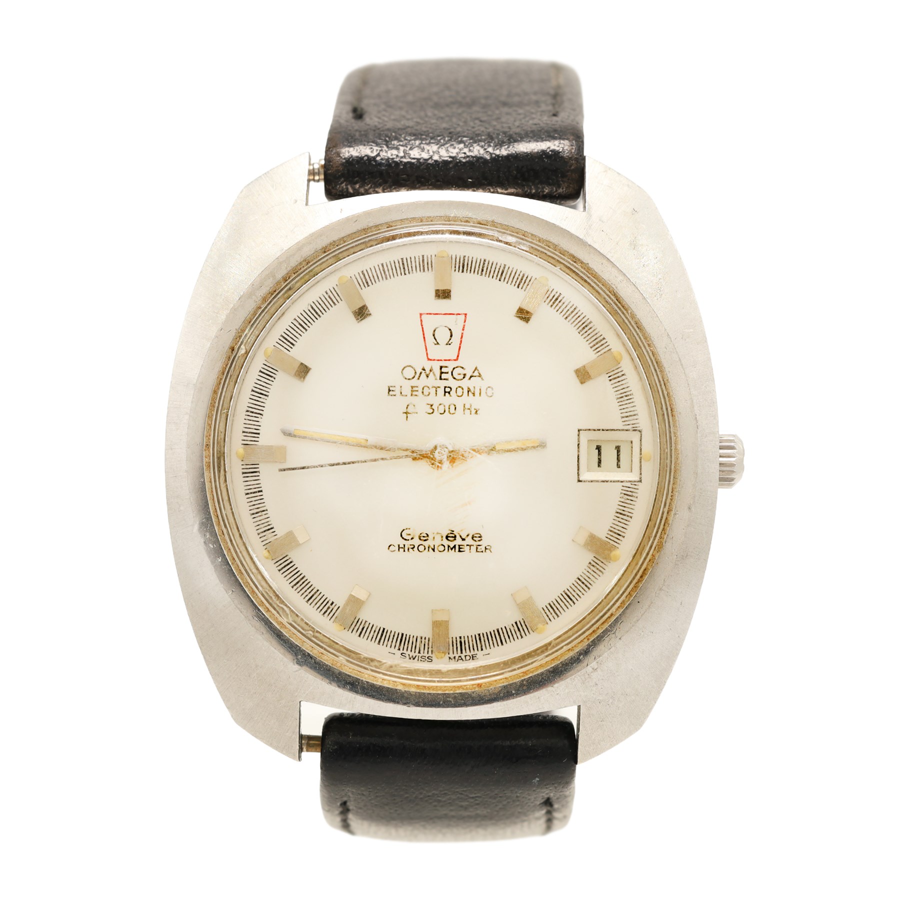Omega Electronic F300Hz quartz chronometer wristwatch, Ref. 198.030, Cal. 1250, silvered dial with baton hour markers and date aperture, on black leather strap with Omega buckle
