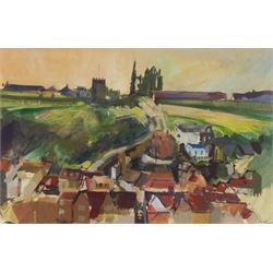 David James Carr (Northern British 1944-2009): Whitby East Cliff and the 199 Steps, gouache signed 21cm x 32cm