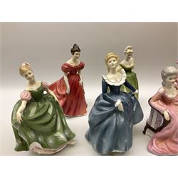 A group of eight Royal Doulton figures, comprising Simone HN2378, Amy HN3854, Fragrance HN2334, Louise HN3207, Adrienne H2304, Michele HN2234, Fine Lady HN2193, Winsome HN2220 and a Coalport figure, Polly. 