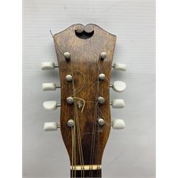 Italian eight-string mandolin with maple back and ribs and spruce top with inlaid floral marquetry panel within a fragmented mother-of-pearl border L61cm; cased; and a (damaged) German 'Michigan' mandolin for spares or repair (2)