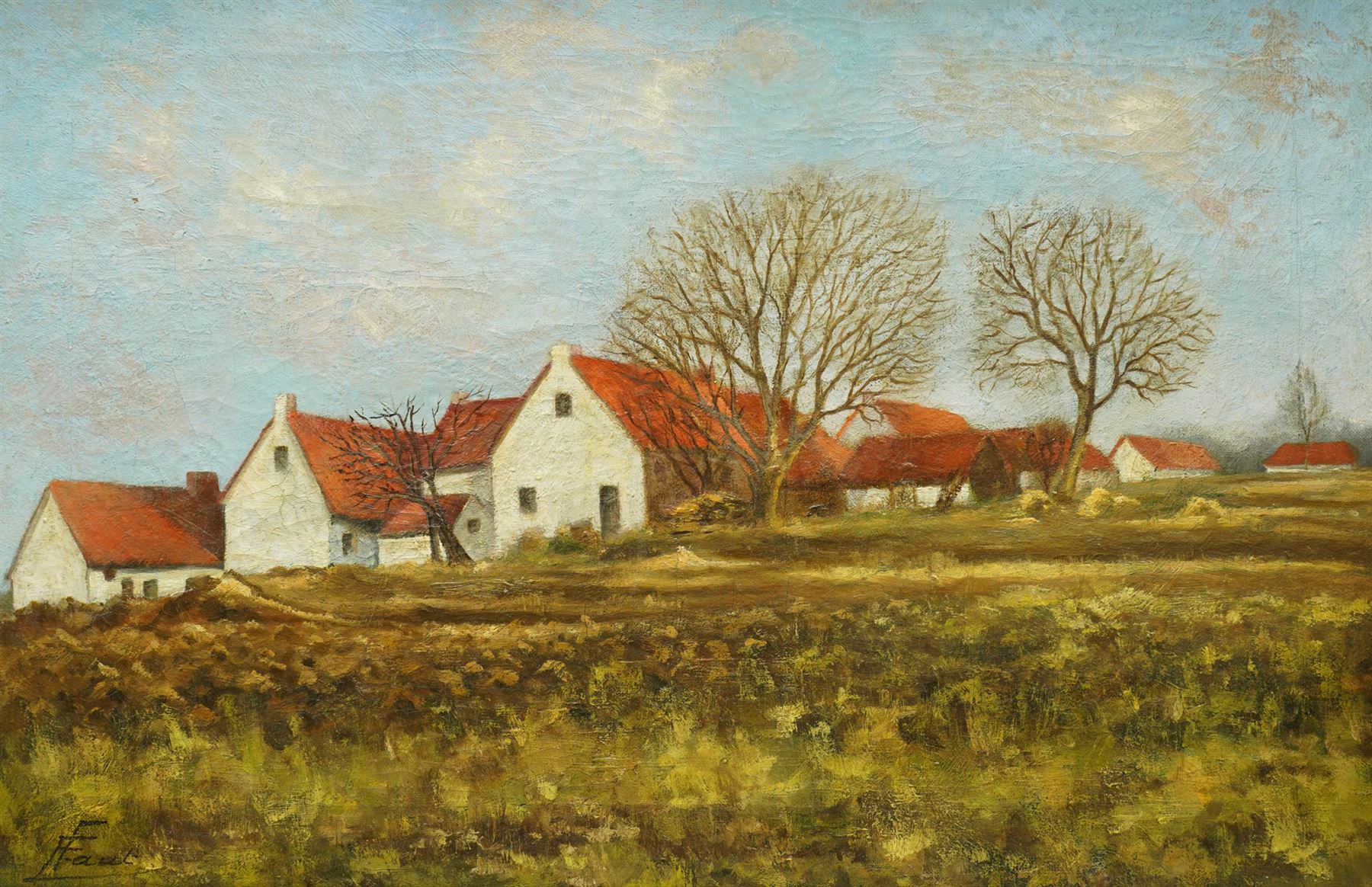 Ernest Faut (Belgian 1897-1961): Wintry Landscape with Cottages, oil on canvas signed 39cm x 58cm
