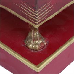 19th century toleware vase, painted foliage and corn upon a red ground, on four paw feet and a square plinth base, H36cm