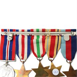 Group of five WWII medals comprising War Medal, 1939-1945 Star, Africa Star with 8th Army clasp, Italy Star and France and Germany Star, another group of War and Defence Medals, 1939-1945 Star and Africa Star, and a copy of the New Testament from George VI inscribed Leonard John Green, 3525653, RAOC, REME 1942, Att Black Watch 1944 and 1945 and Lee Enfield rifle number K91476