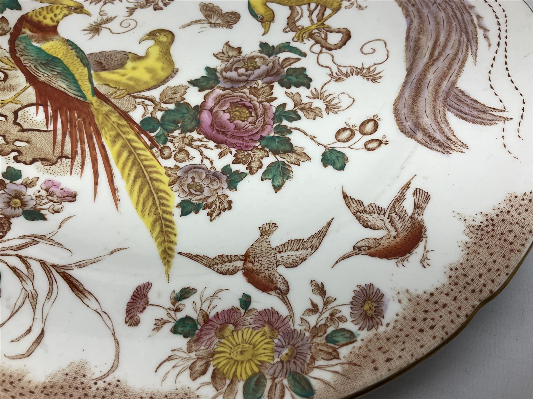 Five early 20th century Royal Crown Derby Olde Avesbury pattern dinner plates, decorated with oriental pheasants, butterflies and other birds amongst flowering branches, with impressed and printed marks to reverse, D26.5cm