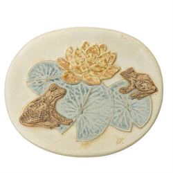 Bernard Rooke (1938-) - Studio pottery dish of shaped oval form with a raised pattern of l...