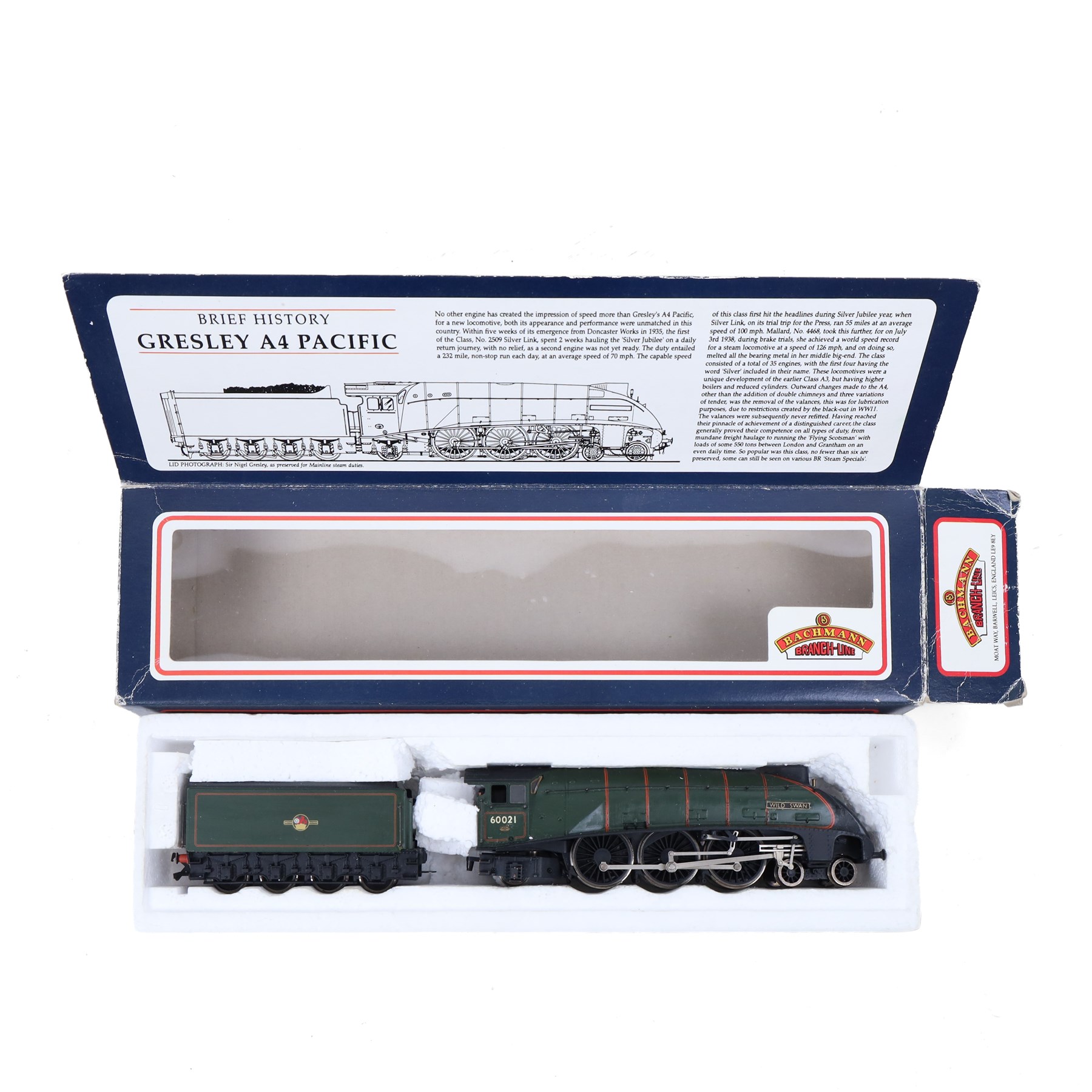 Limited edition 00 gauge Bachmann Class A4 4-6-2 locomotive and tender 'Wild Swan' no. 60021, Shed Code 34A Kings Cross, boxed