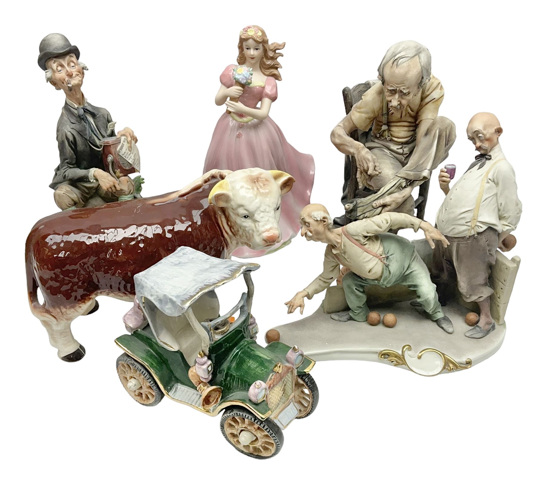 Two Capodimonte figures together with Melba Ware bull and other ceramics 