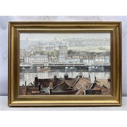 Glynn Barker (Beverley 20th Century): 'Whitby Harbour' 'South Cave Market Place' and a View of Helmsley from the River Rye , three oils on board signed max 50cm x 75cm (3)
