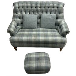 Wood Bros Furniture - 'Pickering Compact Two Seater Sofa', high rolled back, upholstered in buttoned 'Abraham Moon Huntingtower Celestial Fabric' in blue tartan, raised on turned oak feet, with matching footstool