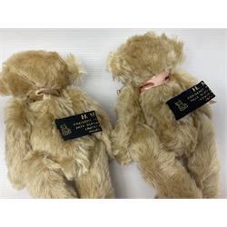 Group of five teddy bears comprising ‘George’ a unique pellet filled bear with glass eyes and velvet paws H38cm, and ‘Abbey’ a luxury German plush with wobble head and glass eyes no.5/10 H24cm, both with Teddies from Bearyland labels; along with two light blonde mohair H. M. Bears and Boyds Bears ‘T. F. Wuzzies’ no. 595140 (5)