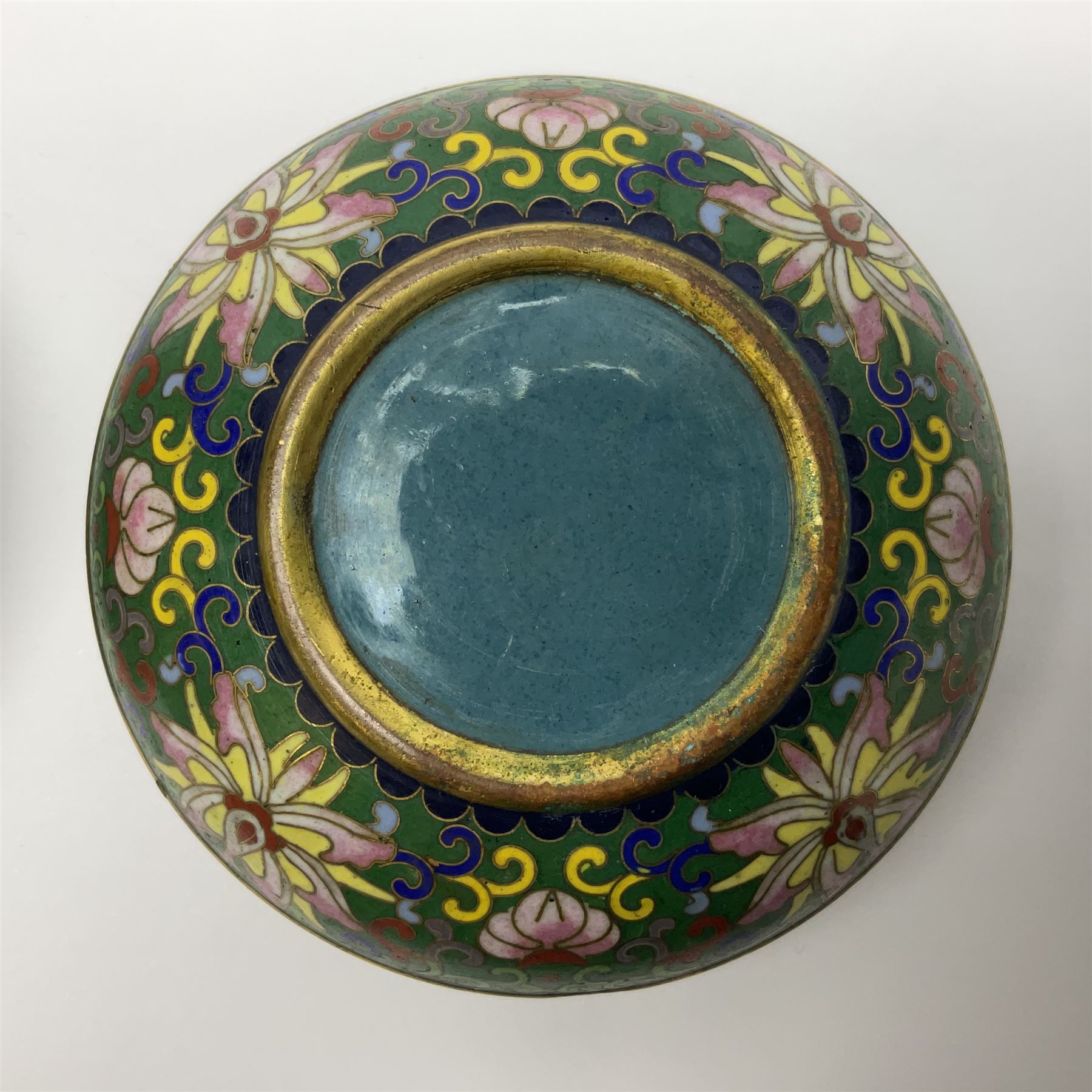 20th century Chinese cloisonne enamel smoking set, comprising two ashtrays, box and tray, with floral and foliate scrolling on green ground