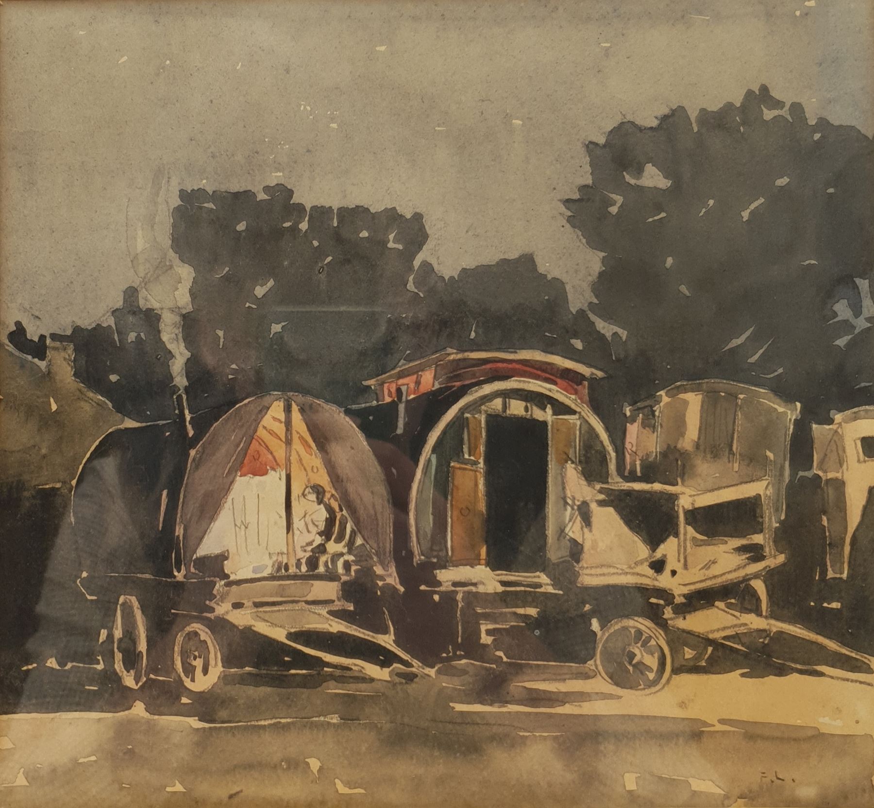 Frederick (Fred) Lawson (British 1888-1968): Romany Gypsy Caravans at Redmire Feast, watercolour signed with initials 22cm x 24cm