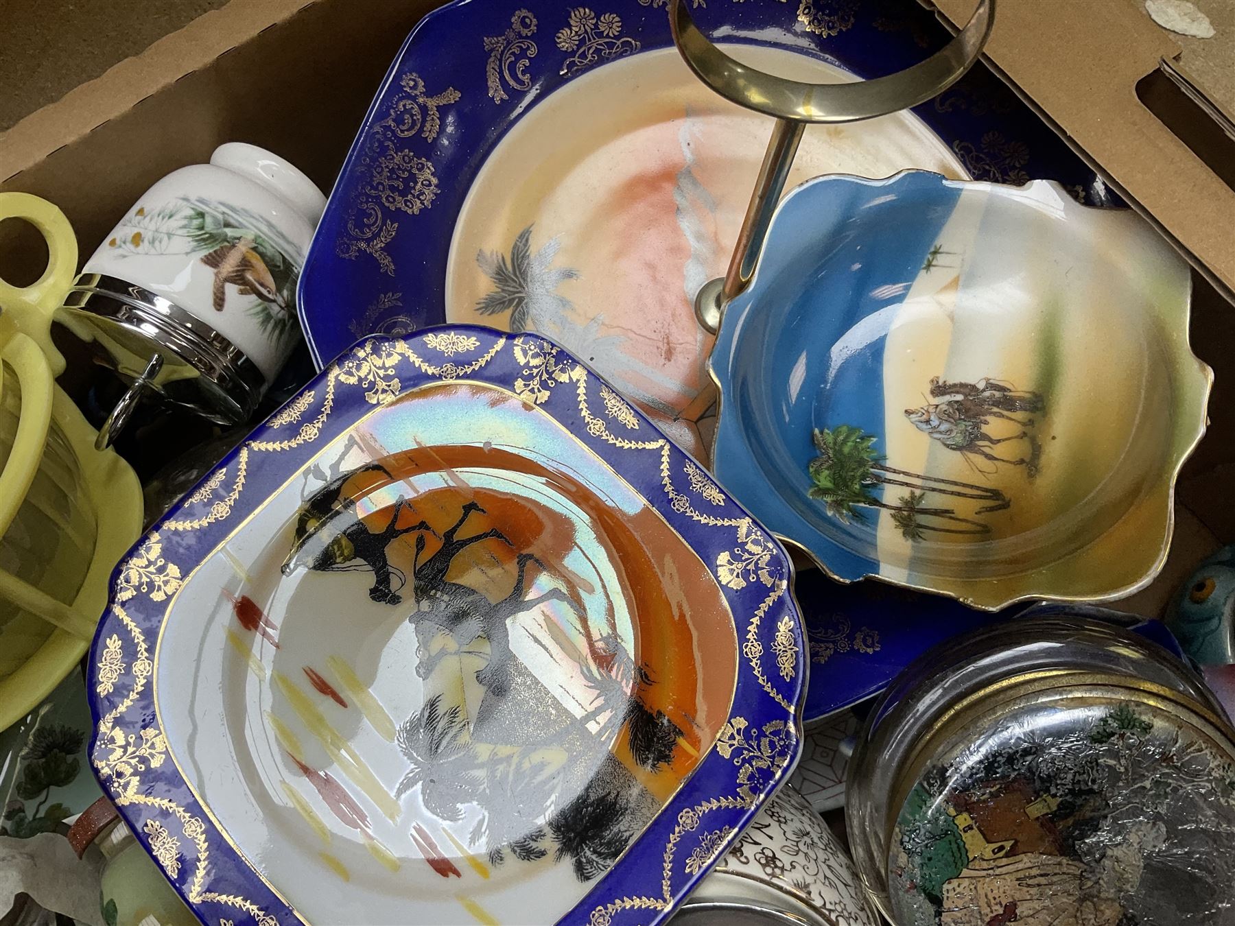 Four glass snuff bottles, together with assorted ceramics, including Carlton Ware cruet set,  in the form of a lady wearing a crinoline dress, Adams Calyx ware Singapore bird covered sucrier, etc  