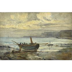 James Watson (Staithes Group 1851-1936): Cobles on the Shoreline Runswick Bay, oil on canvas signed 30cm x 44cm