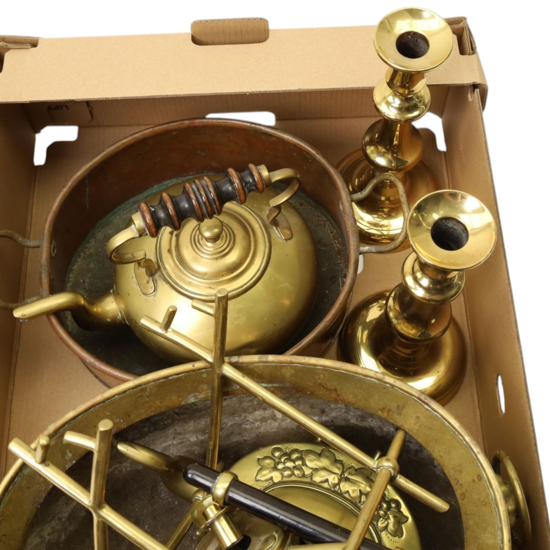 Collection of brassware, including fireside accessories, coal bucket, kettle and stand, two candlesticks, etc