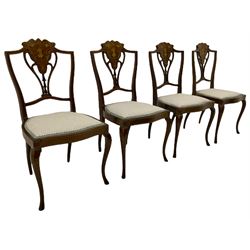Set of four inlaid rosewood salon chairs, urn motif back, serpentine seat