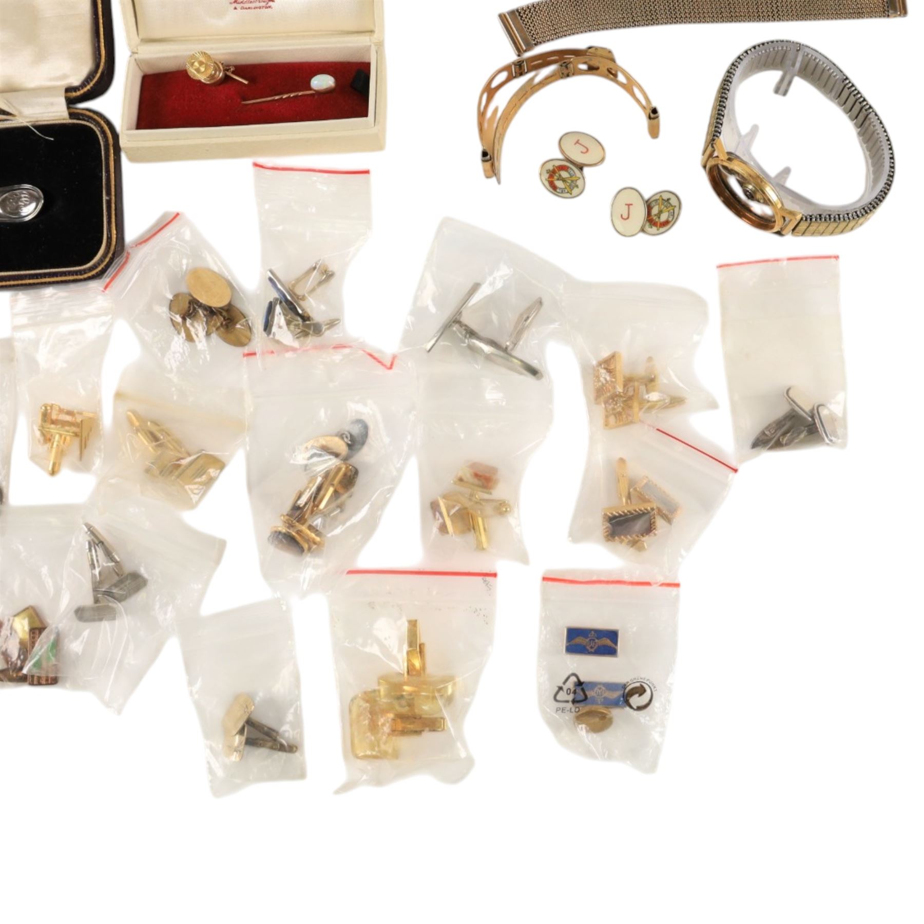 9ct gold shirt stud and opal stick pin, Sif Jakobs silver ring, silver spoon and a collection of costume jewellery cufflinks, tie clips etc