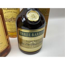 Mixed alcohol comprising Old Inverness Aged Scotch whisky, J.G.Thomson & Co, two bottles of White Horse Fine Old Scotch whisky, Three Barrels VSOP French Brandy in box etc, five bottles, various contents and proofs